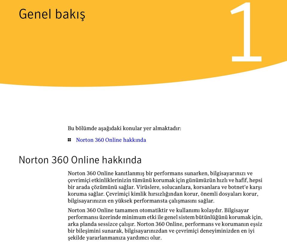 Çevrimiçi kimlik hırsızlığından korur, önemli dosyaları korur, bilgisayarınızın en yüksek performansta çalışmasını sağlar. Norton 360 Online tamamen otomatiktir ve kullanımı kolaydır.