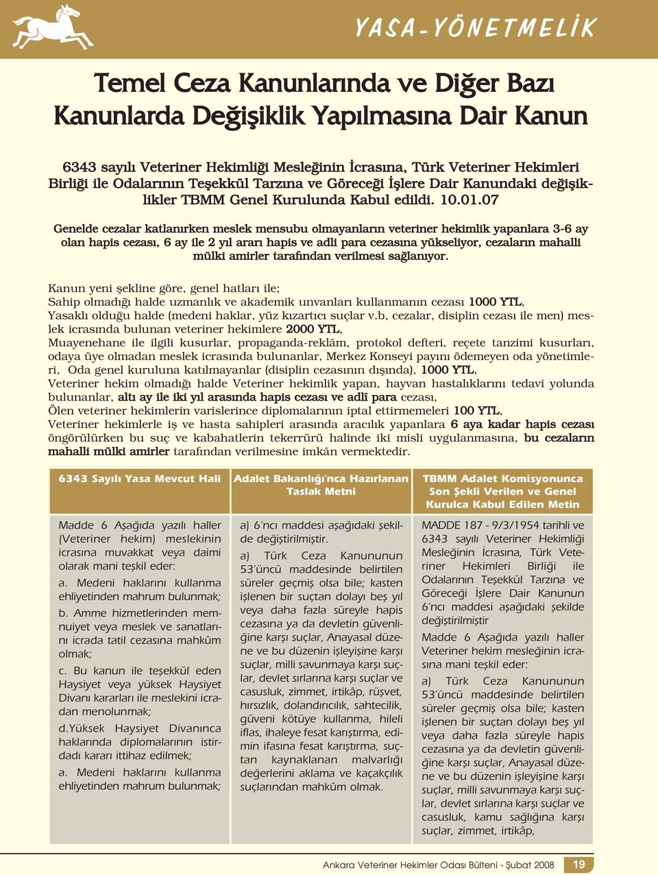 07 Genelde cezalar katlanırken meslek mensubu olmayanların veteriner hekimlik yapanlara 3-6 ay olan hapis cezası, 6 ay ile 2 yıl ararı hapis ve adli para cezasına yükseliyor, cezaların mahalli mülki