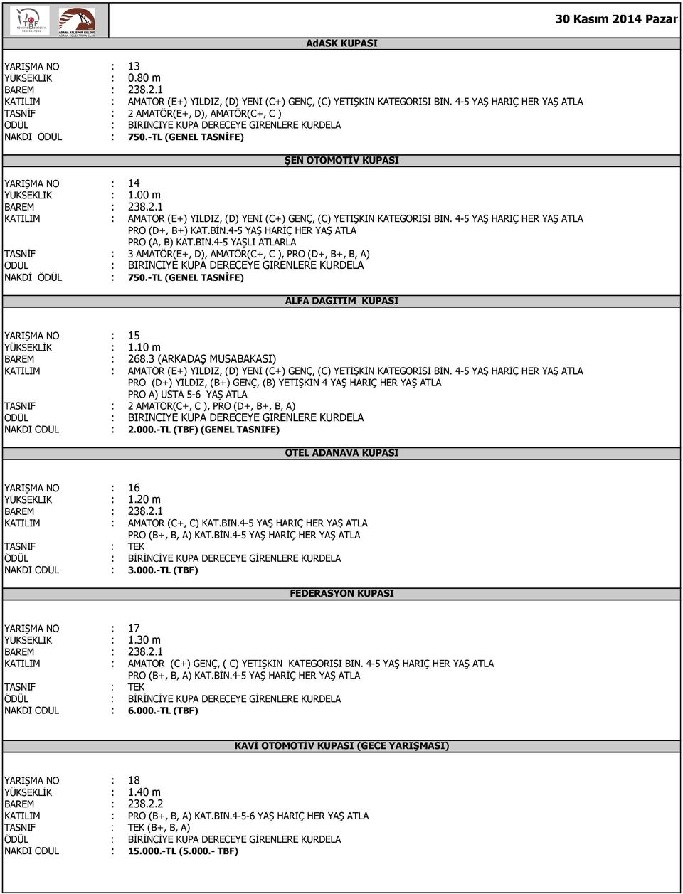 -TL (TBF) (GENEL TASNİFE) OTEL ADANAVA KUPASI YARIŞMA NO : 16 YÜKSEKLİK : 1.20 m YARIŞMA NO : 17 YÜKSEKLİK : 1.30 m KATILIM : AMATÖR (C+) GENÇ, ( C) YETİŞKİN KATEGORİSİ BİN.
