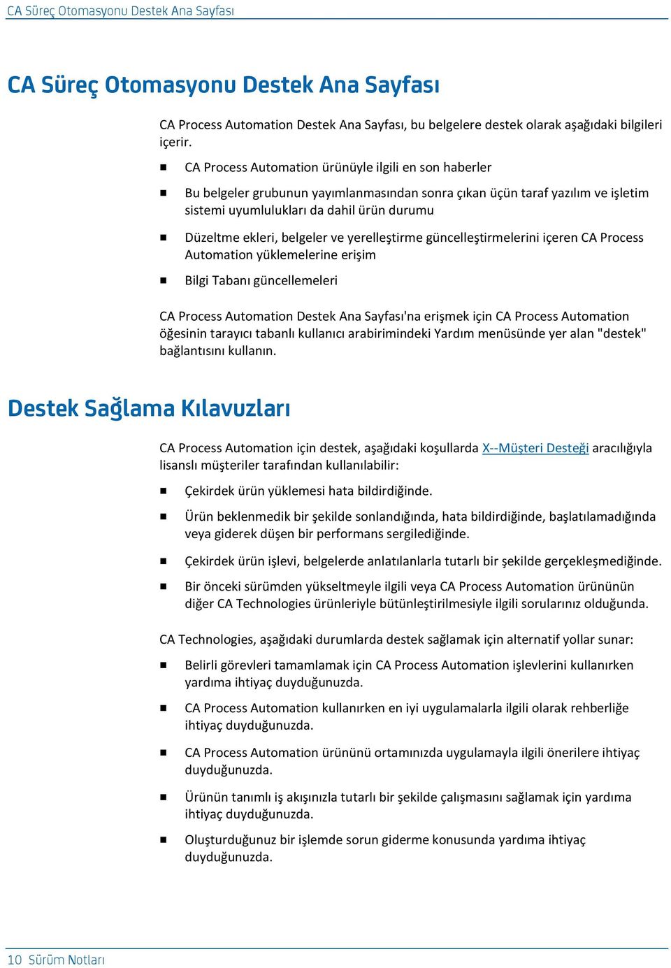 belgeler ve yerelleştirme güncelleştirmelerini içeren CA Process Automation yüklemelerine erişim Bilgi Tabanı güncellemeleri CA Process Automation Destek Ana Sayfası'na erişmek için CA Process