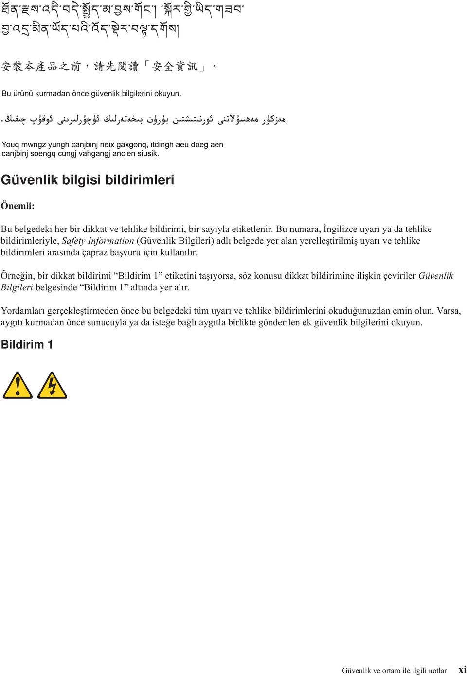 kullanılır. Örneğin, bir dikkat bildirimi Bildirim 1 etiketini taşıyorsa, söz konusu dikkat bildirimine ilişkin çeviriler Güvenlik Bilgileri belgesinde Bildirim 1 altında yer alır.