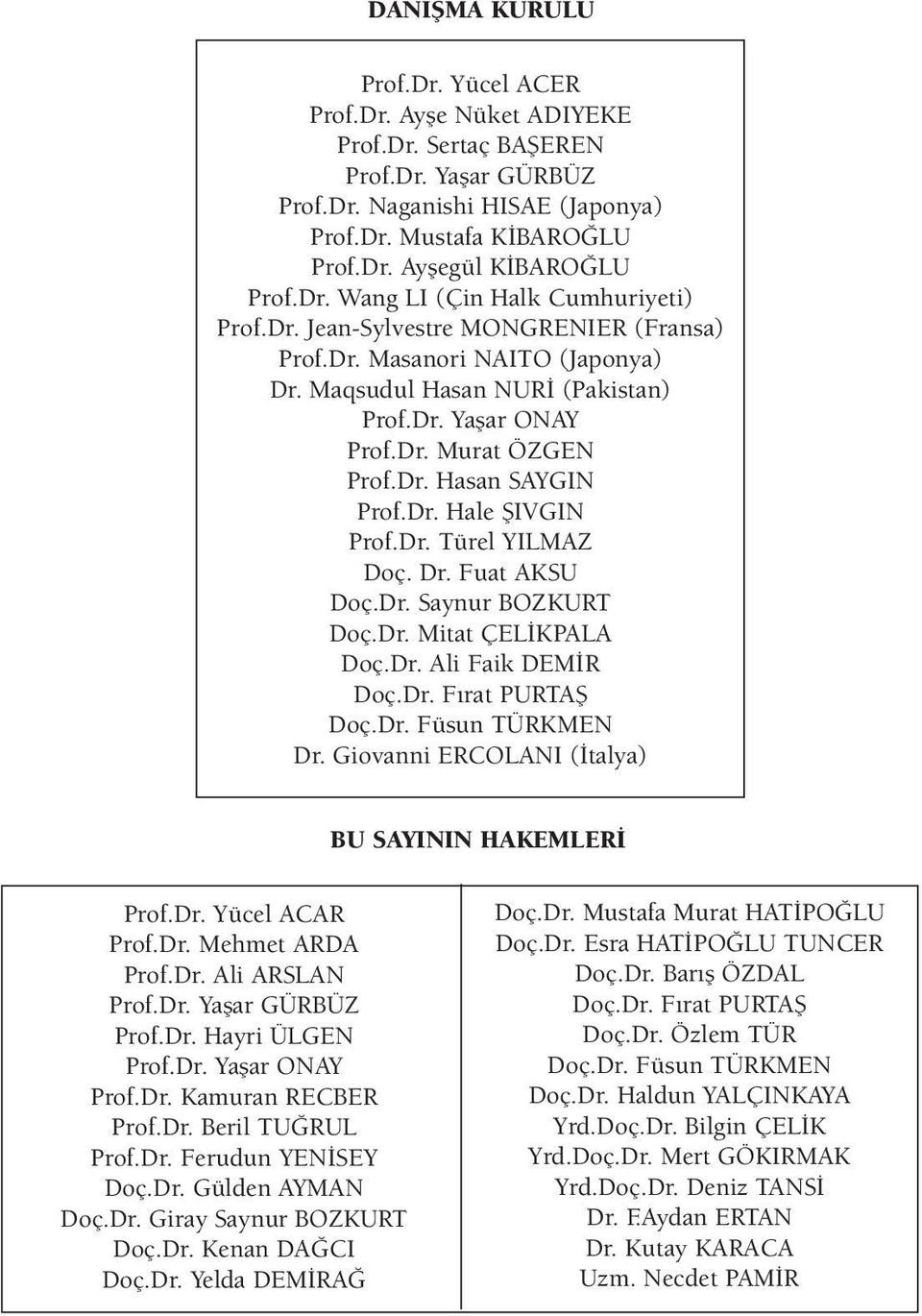 Dr. Hale fiivgin Prof.Dr. Türel YILMAZ Doç. Dr. Fuat AKSU Doç.Dr. Saynur BOZKURT Doç.Dr. Mitat ÇEL KPALA Doç.Dr. Ali Faik DEM R Doç.Dr. F rat PURTAfi Doç.Dr. Füsun TÜRKMEN Dr.
