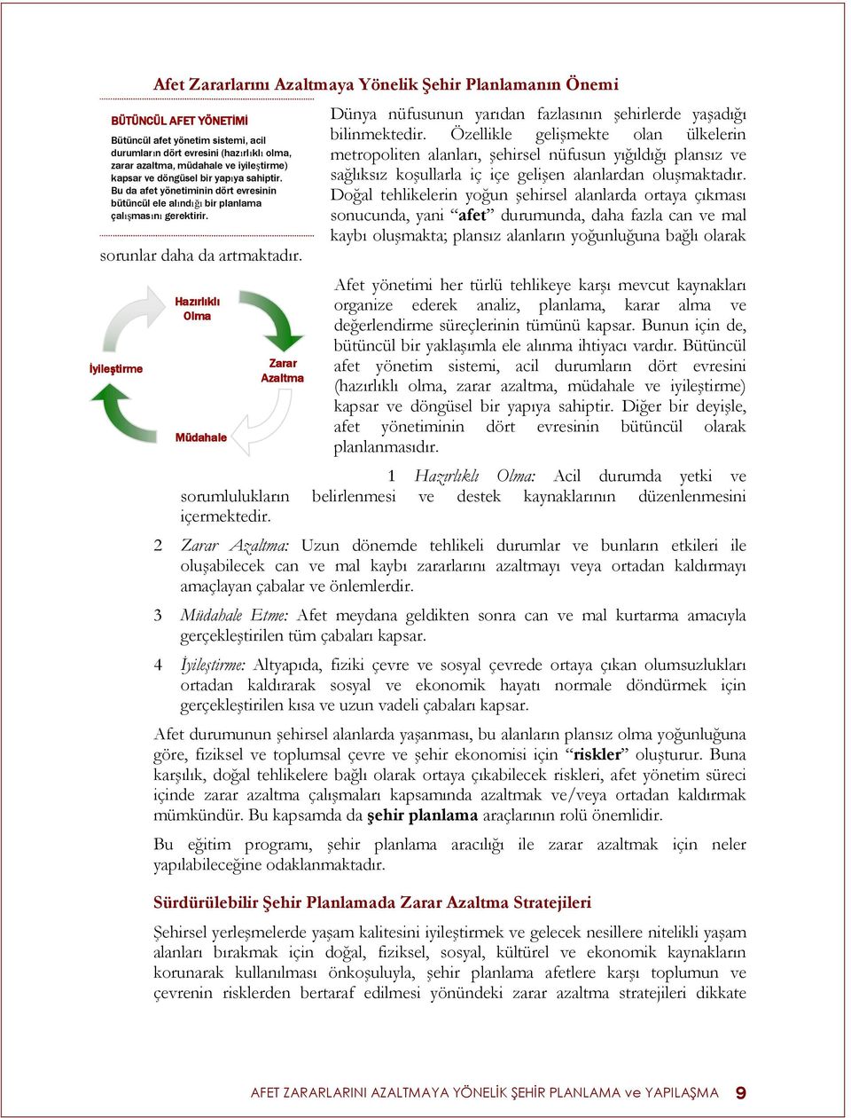 İyile yileştirme Hazırl rlıkl klı Olma Müdahale Zarar Azaltma Dünya nüfusunun yarıdan fazlasının şehirlerde yaşadığı bilinmektedir.