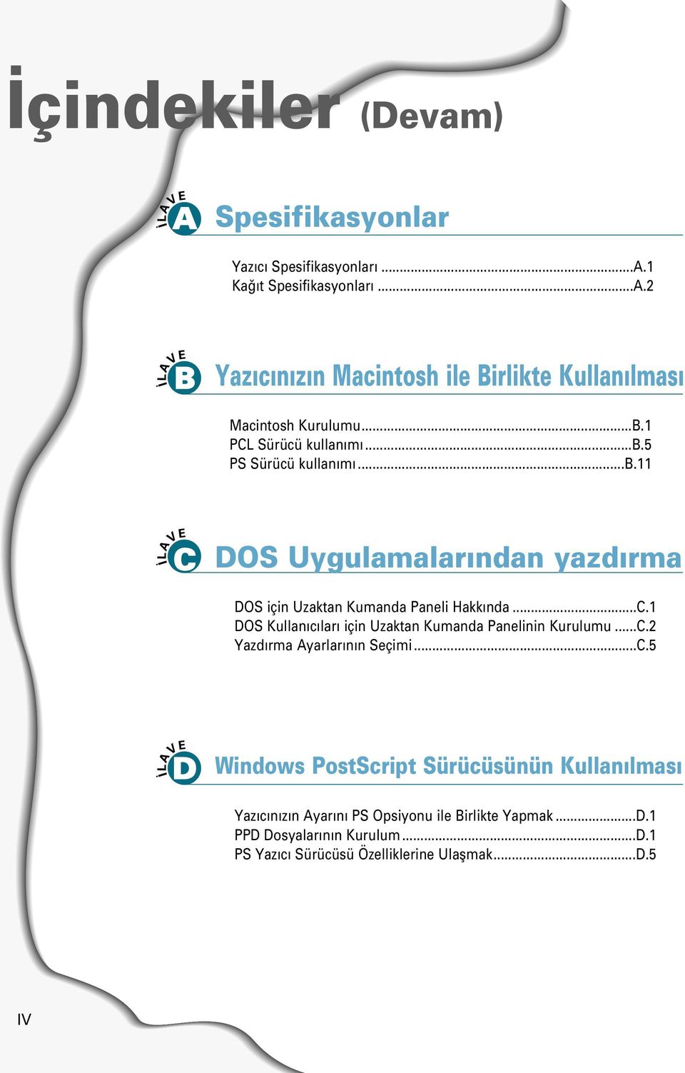 ..C.2 Yazdırma Ayarlarının Seçimi...C.5 D Windows PostScript Sürücüsünün Kullanılması Yazıcınızın Ayarını PS Opsiyonu ile Birlikte Yapmak...D.1 PPD Dosyalarının Kurulum.