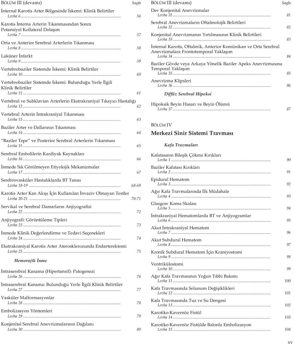 .. 60 Vertebrobaziler Sistemde skemi: Bulundu u Yerle lgili Klinik Belirtiler Levha 11... 61 Vertebral ve Subklavian Arterlerin Ekstrakraniyal T kay c Hastal Levha 12.