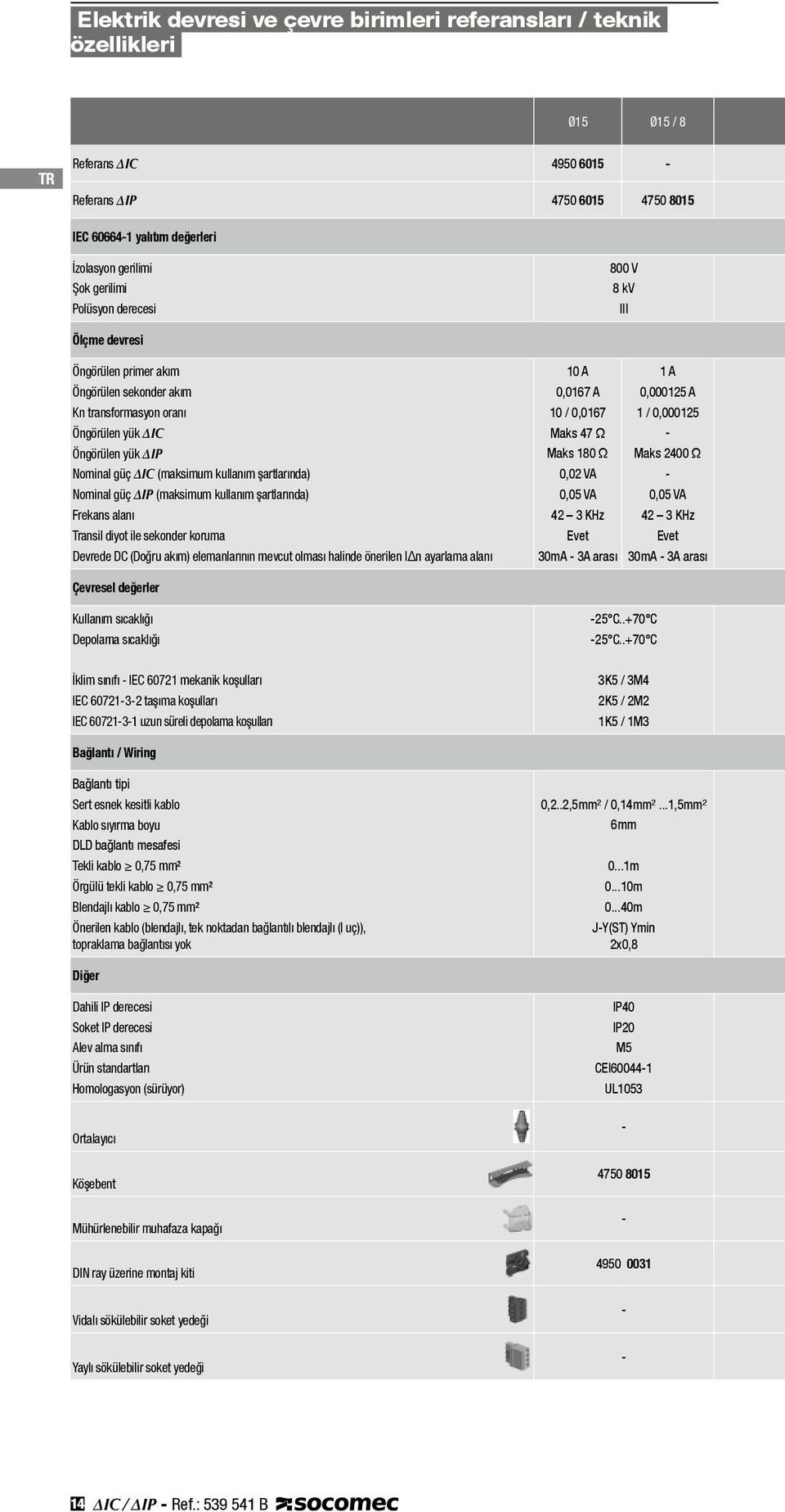 Nominal güç IP (maksimum kullanım şartlarında) Frekans alanı Transil diyot ile sekonder koruma Devrede DC (Doğru akım) elemanlarının mevcut olması halinde önerilen I n ayarlama alanı 10 A 1 A 0,0167