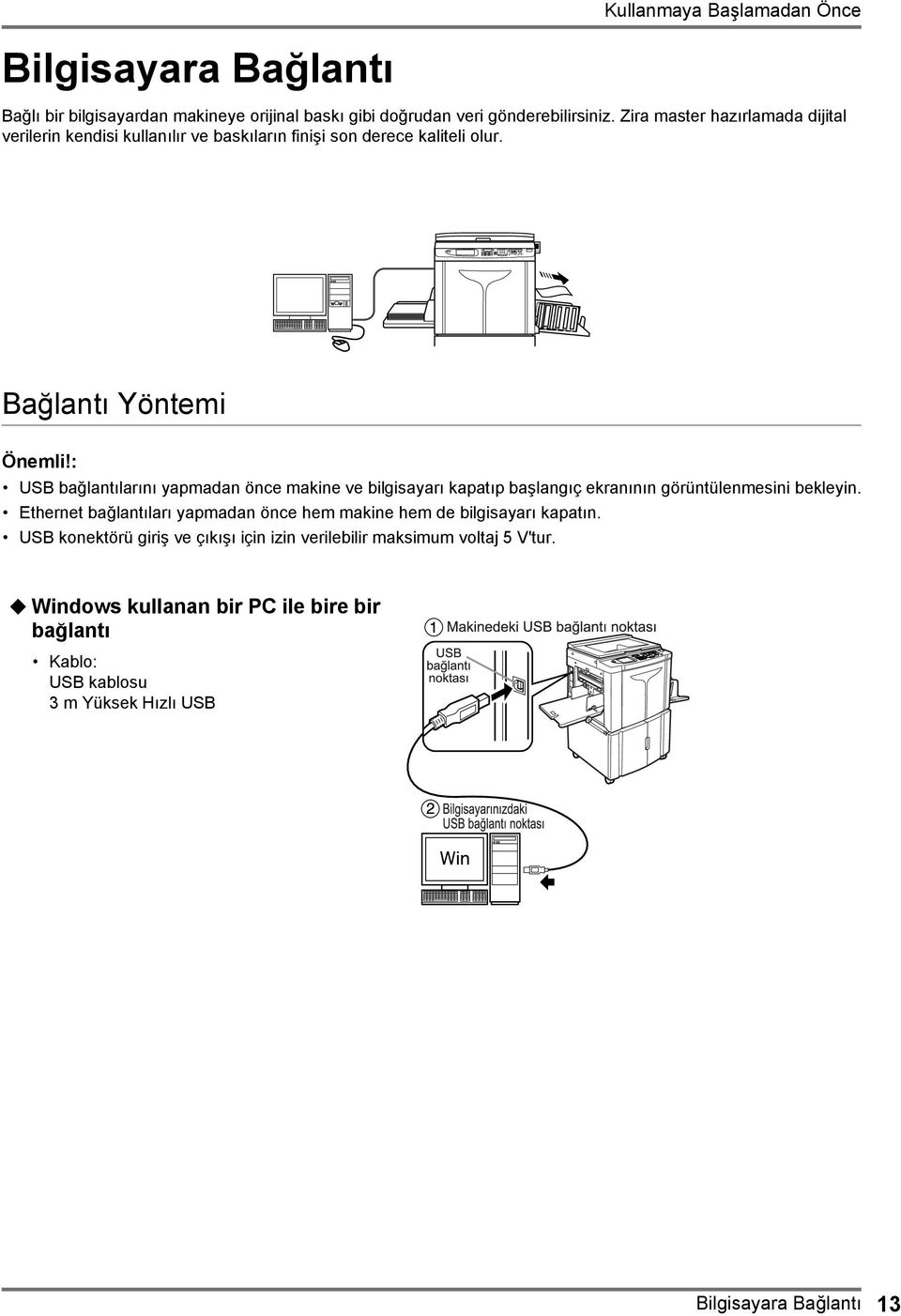 : USB bağlantılarını yapmadan önce makine ve bilgisayarı kapatıp başlangıç ekranının görüntülenmesini bekleyin.