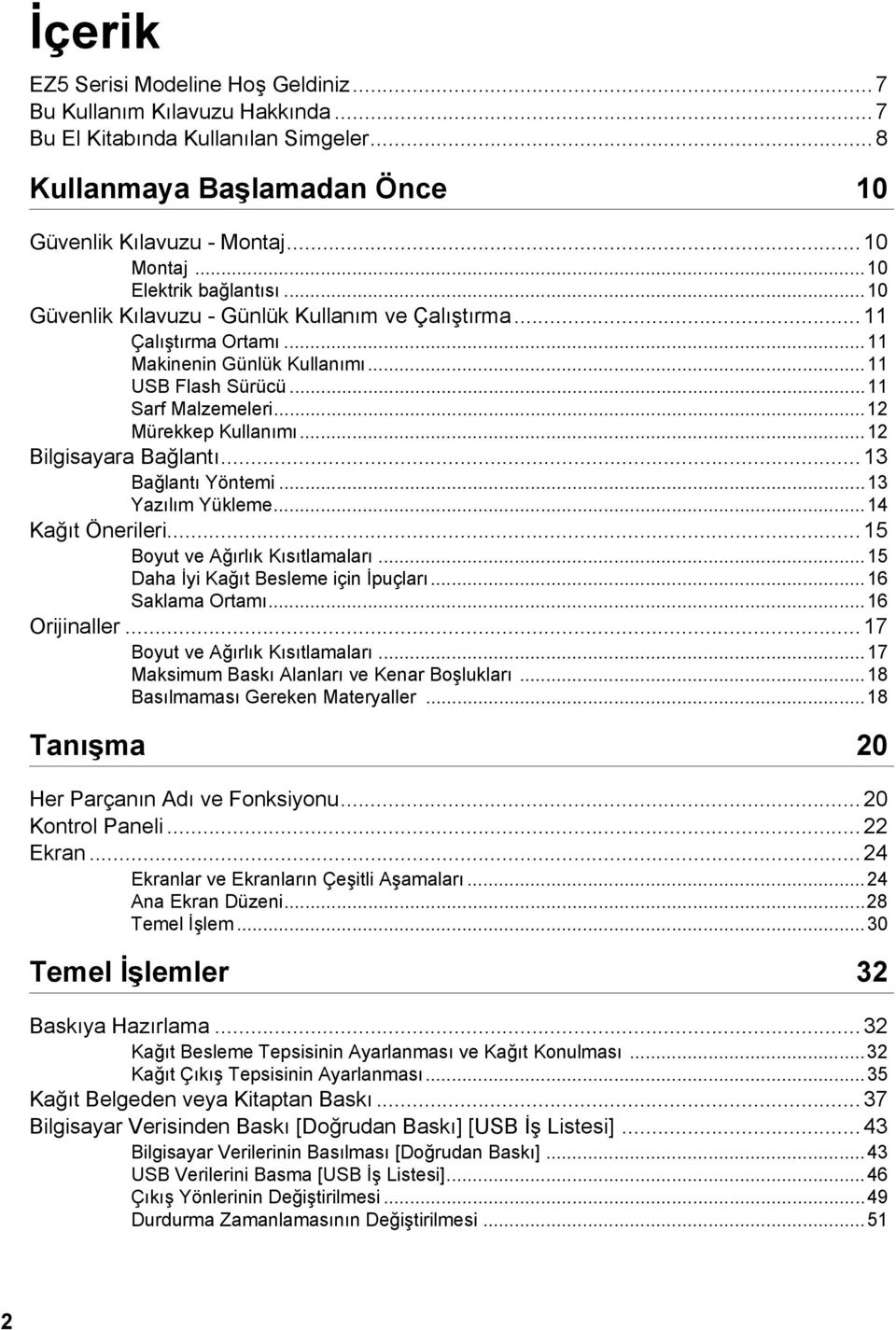 ..12 Mürekkep Kullanımı...12 Bilgisayara Bağlantı... 13 Bağlantı Yöntemi...13 Yazılım Yükleme...14 Kağıt Önerileri... 15 Boyut ve Ağırlık Kısıtlamaları...15 Daha İyi Kağıt Besleme için İpuçları.