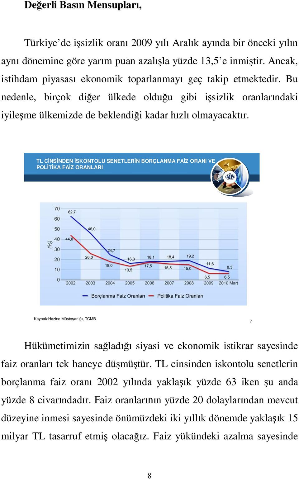 TL C NS NDEN SKONTOLU SENETLER N BORÇLANMA FA Z ORANI VE POL KA FA Z ORANLARI Kaynak:Hazine Müste arl, TCMB 7 Hükümetimizin sa lad siyasi ve ekonomik istikrar sayesinde faiz oranlar tek haneye dü mü