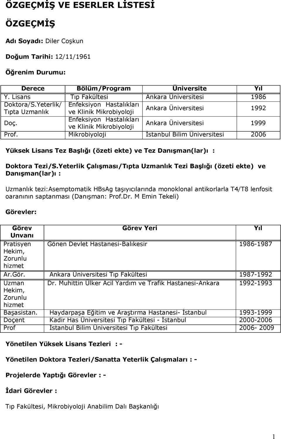 Mikrobiyoloji İstanbul Bilim Üniversitesi 2006 Yüksek Lisans Tez Başlığı (özeti ekte) ve Tez Danışman(lar)ı : Doktora Tezi/S.