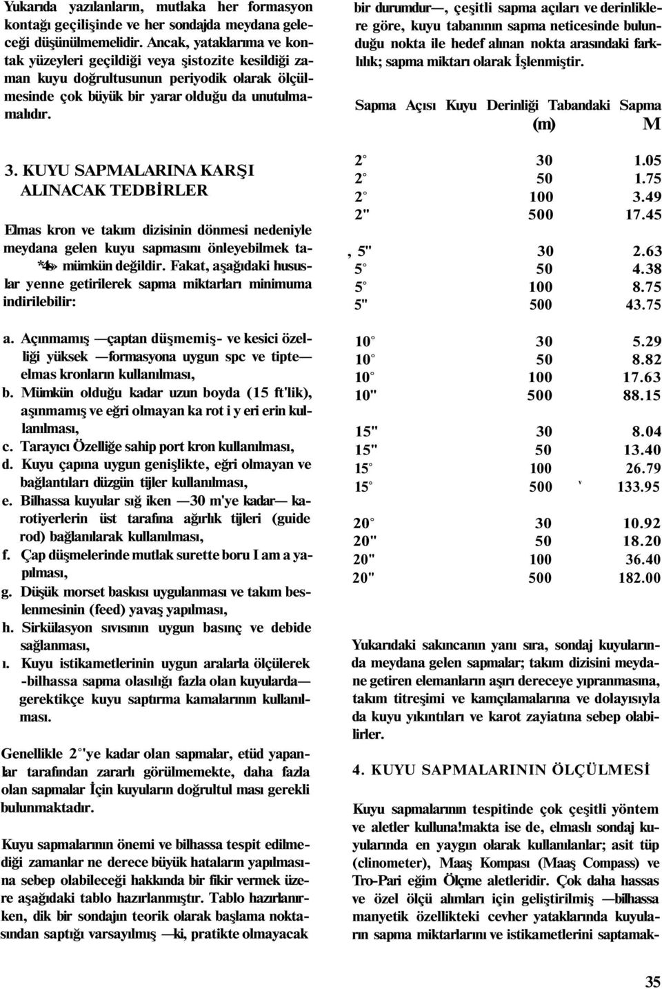 KUYU SAPMALARINA KARŞI ALINACAK TEDBİRLER Elmas kron ve takım dizisinin dönmesi nedeniyle meydana gelen kuyu sapmasını önleyebilmek ta- *4s» mümkün değildir.