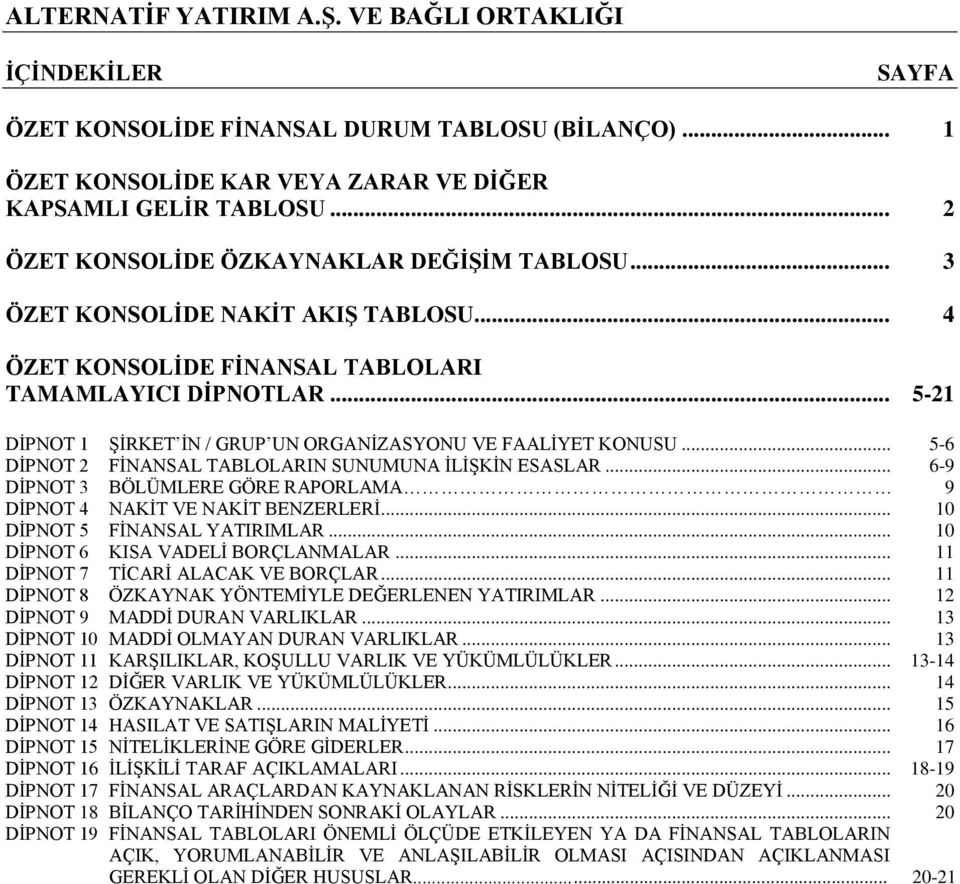 .. 5-6 DİPNOT 2 FİNANSAL TABLOLARIN SUNUMUNA İLİŞKİN ESASLAR... 6-9 DİPNOT 3 BÖLÜMLERE GÖRE RAPORLAMA 9 DİPNOT 4 NAKİT VE NAKİT BENZERLERİ... 10 DİPNOT 5 FİNANSAL YATIRIMLAR.