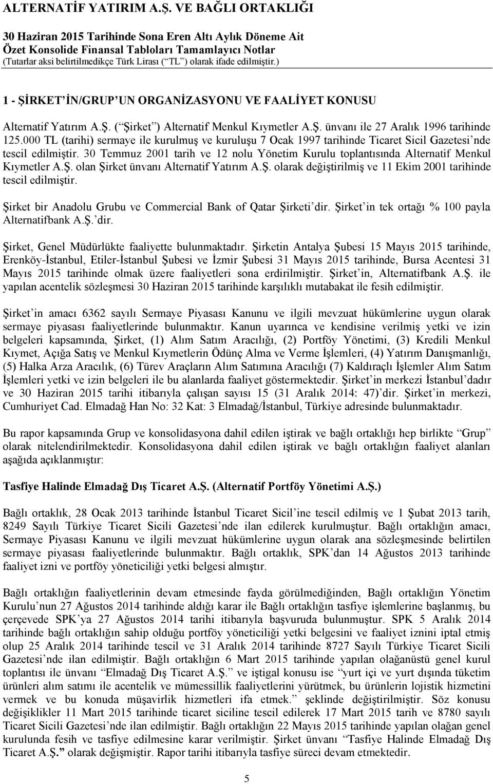 30 Temmuz 2001 tarih ve 12 nolu Yönetim Kurulu toplantısında Alternatif Menkul Kıymetler A.Ş. olan Şirket ünvanı Alternatif Yatırım A.Ş. olarak değiştirilmiş ve 11 Ekim 2001 tarihinde tescil edilmiştir.