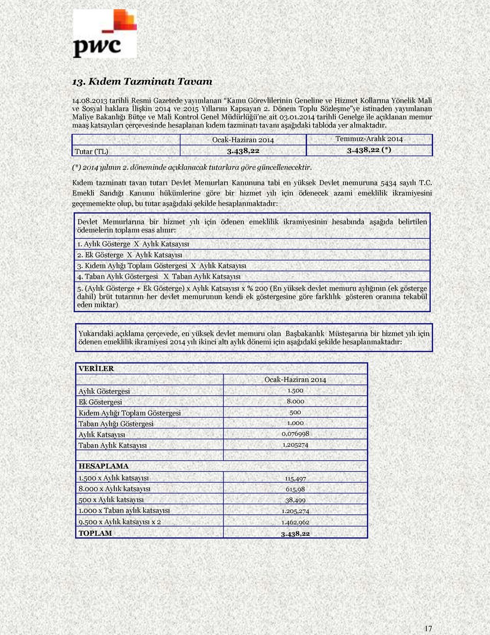 2014 tarihli Genelge ile açıklanan memur maaş katsayıları çerçevesinde hesaplanan kıdem tazminatı tavanı aşağıdaki tabloda yer almaktadır. OcakHaziran 2014 TemmuzAralık 2014 Tutar (TL) 3.438,22 3.