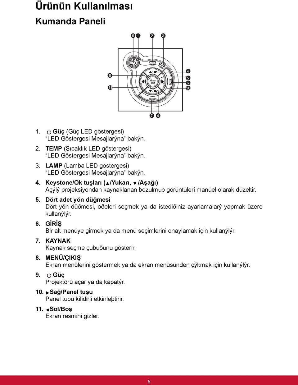 Dört adet yön düğmesi Dört yön düðmesi, öðeleri seçmek ya da istediðiniz ayarlamalarý yapmak üzere kullanýlýr. 6. GİRİŞ Bir alt menüye girmek ya da menü seçimlerini onaylamak için kullanýlýr. 7.