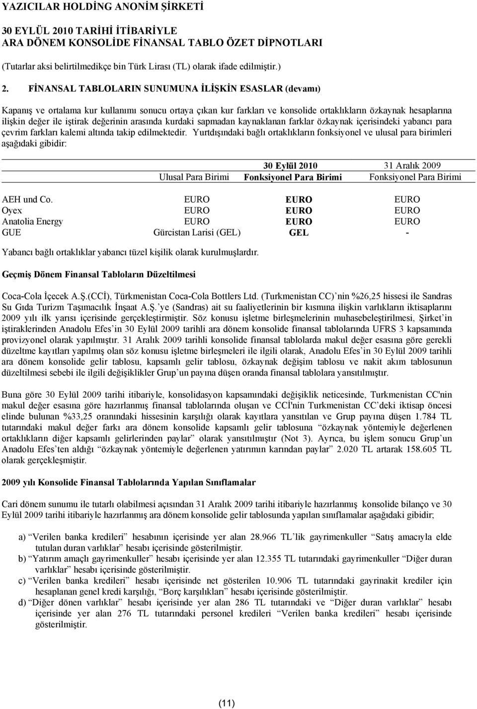 Yurtdışındaki bağlı ortaklıkların fonksiyonel ve ulusal para birimleri aşağıdaki gibidir: Ulusal Para Birimi Fonksiyonel Para Birimi Fonksiyonel Para Birimi AEH und Co.