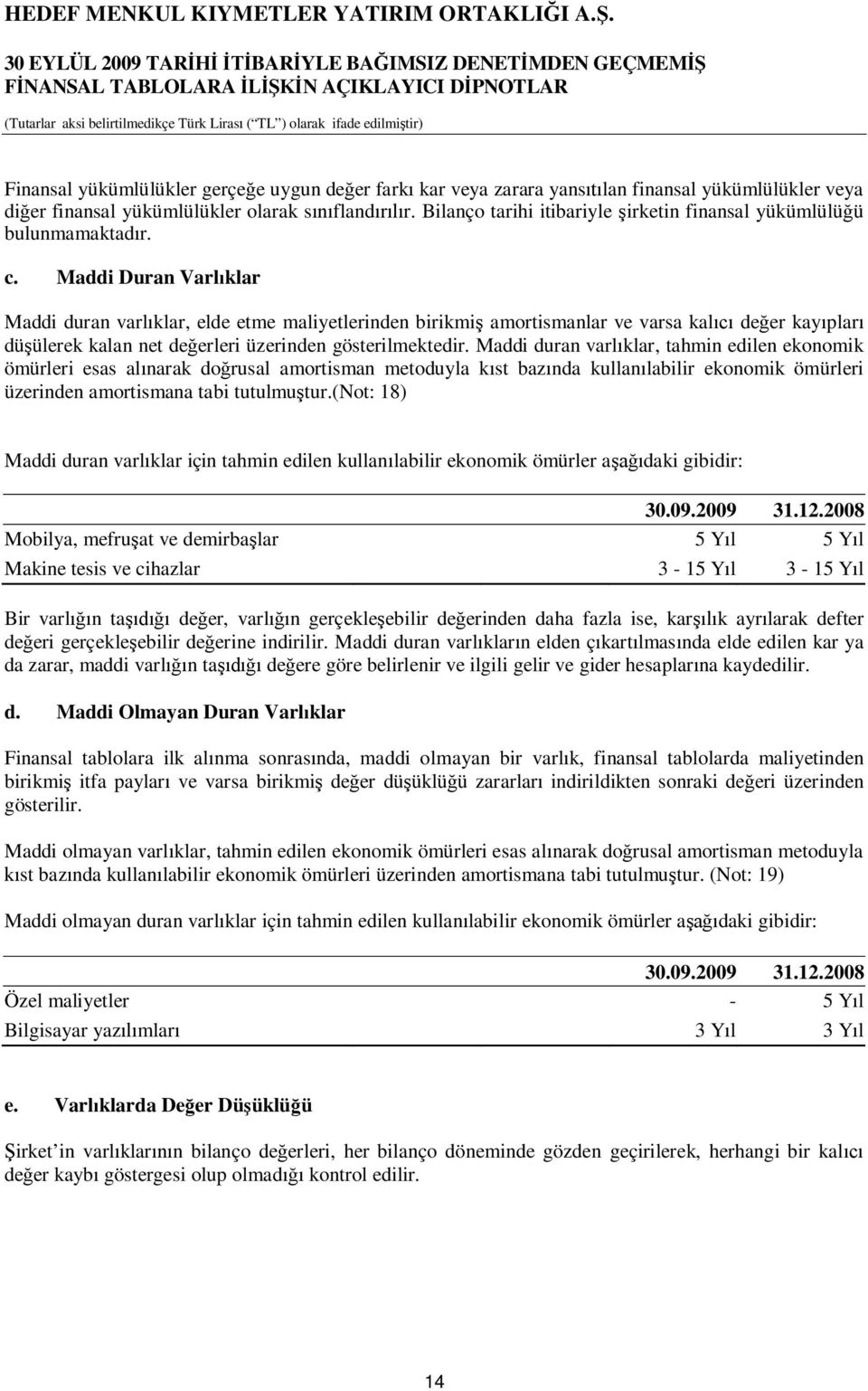 Maddi Duran Varlıklar Maddi duran varlıklar, elde etme maliyetlerinden birikmiş amortismanlar ve varsa kalıcı değer kayıpları düşülerek kalan net değerleri üzerinden gösterilmektedir.