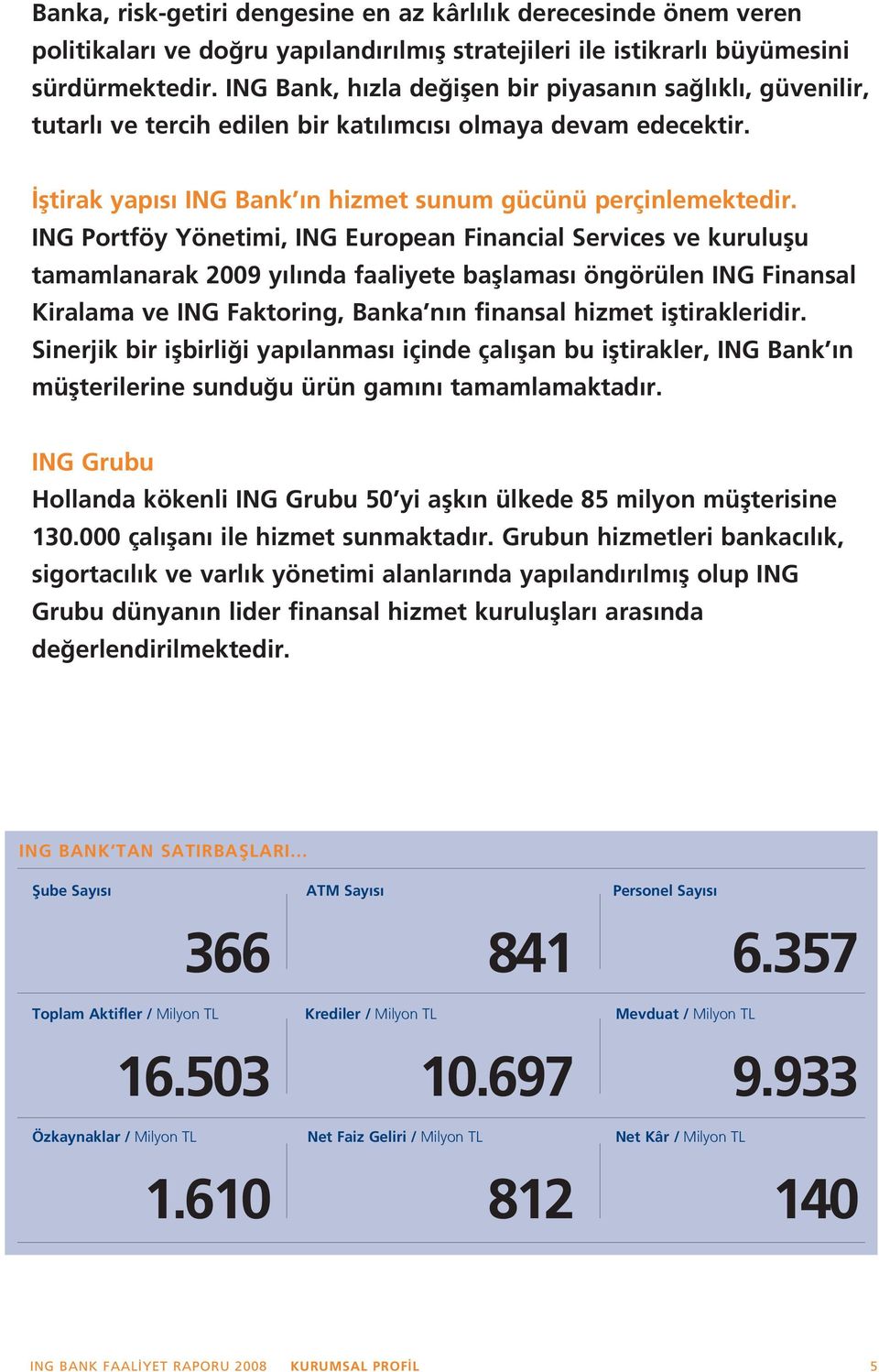ING Portföy Yönetimi, ING European Financial Services ve kuruluflu tamamlanarak 2009 y l nda faaliyete bafllamas öngörülen ING Finansal Kiralama ve ING Faktoring, Banka n n finansal hizmet