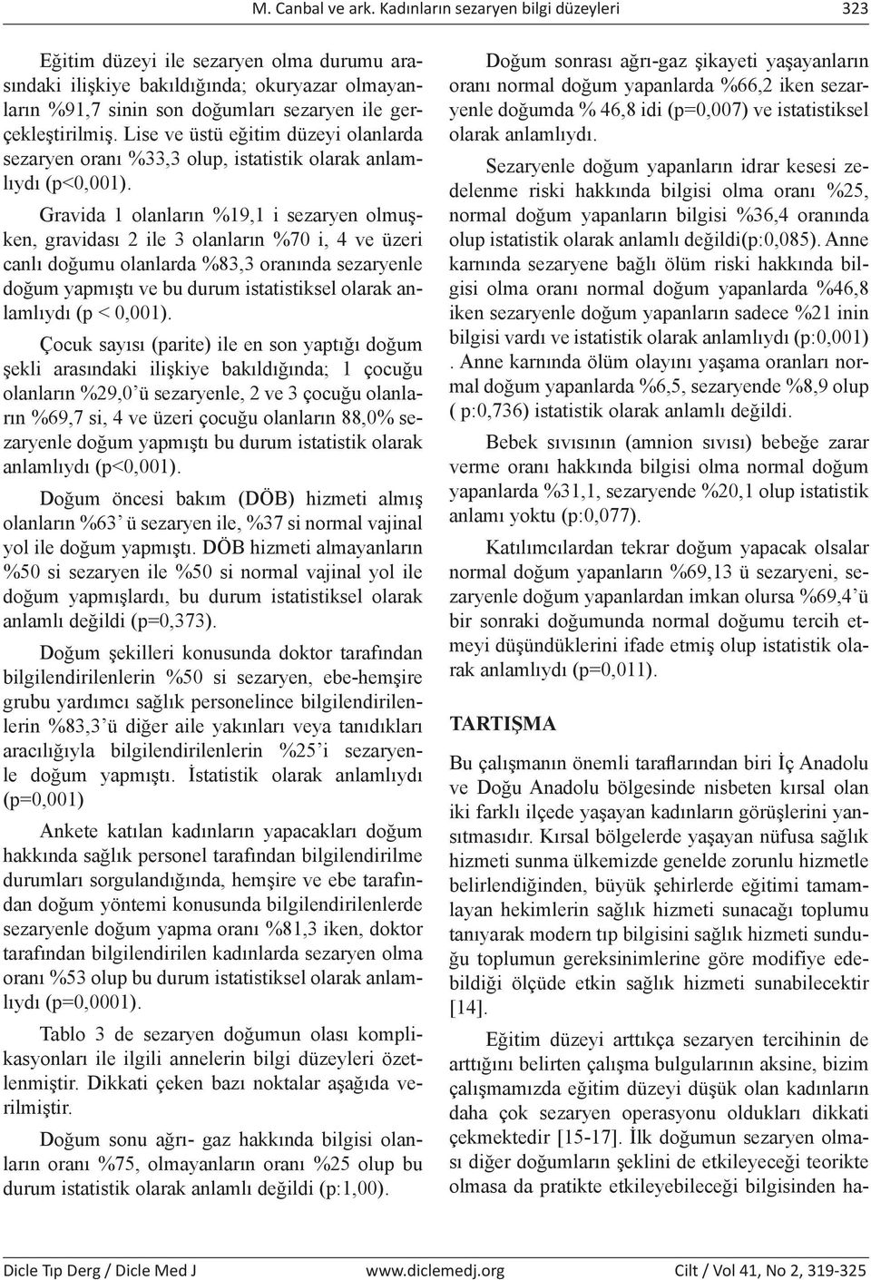 Lise ve üstü eğitim düzeyi olanlarda sezaryen oranı %33,3 olup, istatistik olarak anlamlıydı (p).