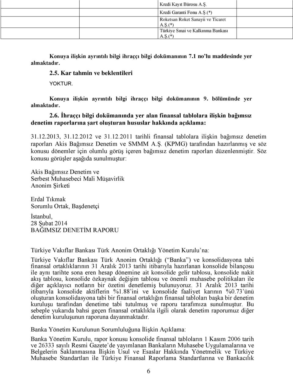 İhraççı bilgi dokümanında yer alan finansal tablolara ilişkin bağımsız denetim raporlarına şart oluşturan hususlar hakkında açıklama: 31.12.