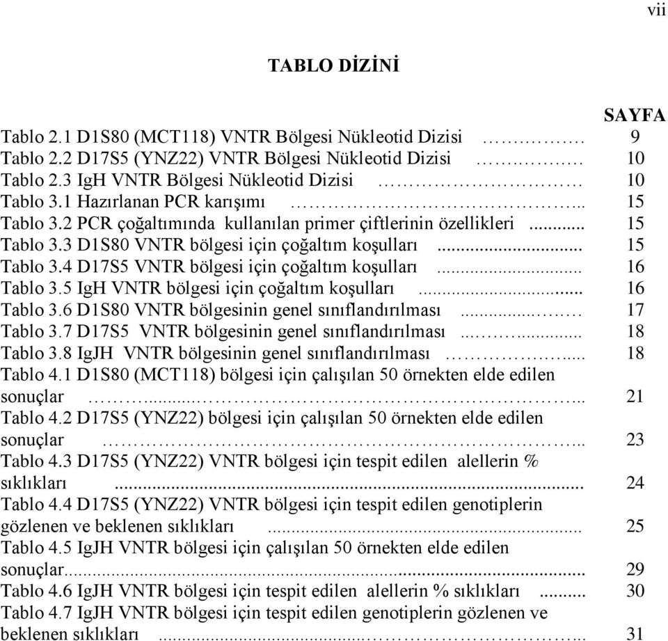.. 16 Tablo 3.5 IgH VNTR bölgesi için çoğaltım koşulları... 16 Tablo 3.6 D1S80 VNTR bölgesinin genel sınıflandırılması..... 17 Tablo 3.7 D17S5 VNTR bölgesinin genel sınıflandırılması....... 18 Tablo 3.