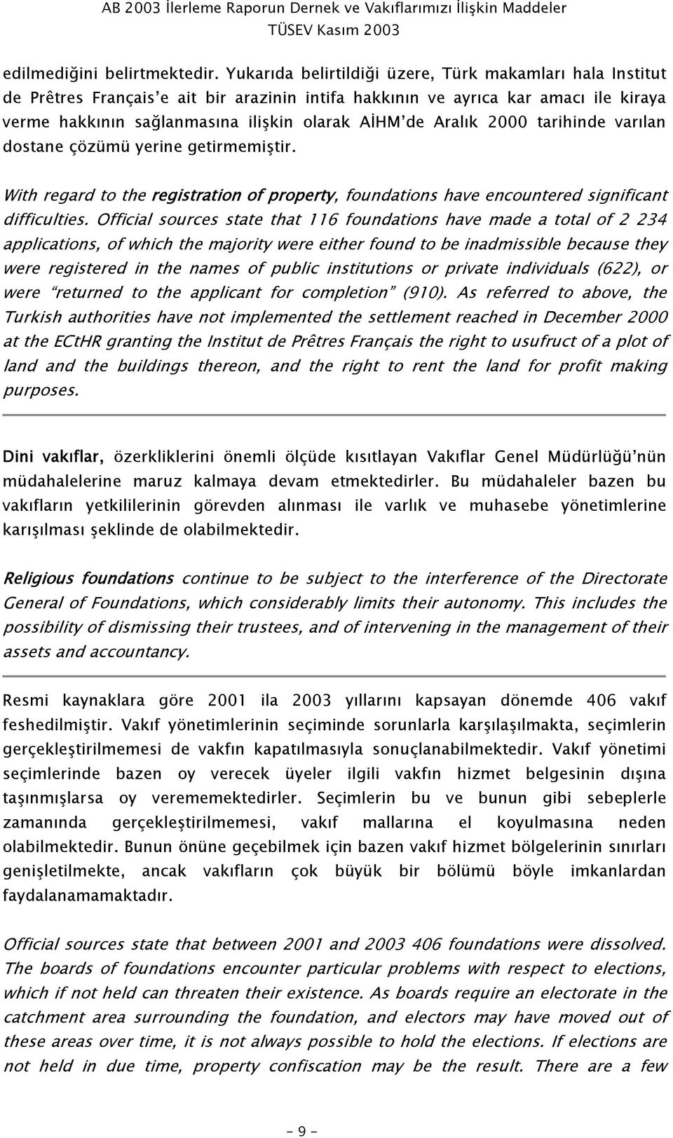 Aralık 2000 tarihinde varılan dostane çözümü yerine getirmemiştir. With regard to the registration of property, foundations have encountered significant difficulties.