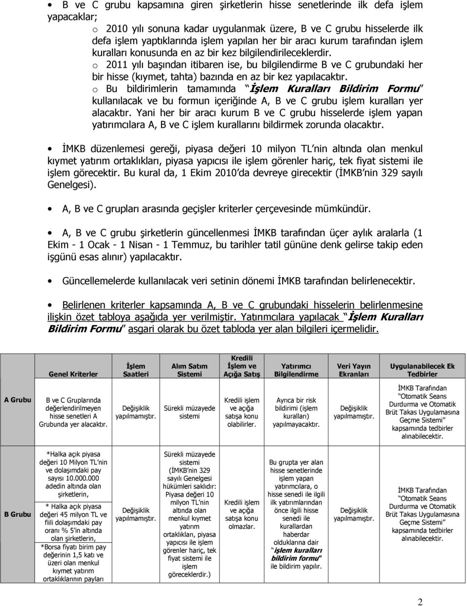 o 2011 yılı başından itibaren ise, bu bilgilendirme B ve C grubundaki her bir hisse (kıymet, tahta) bazında en az bir kez yapılacaktır.