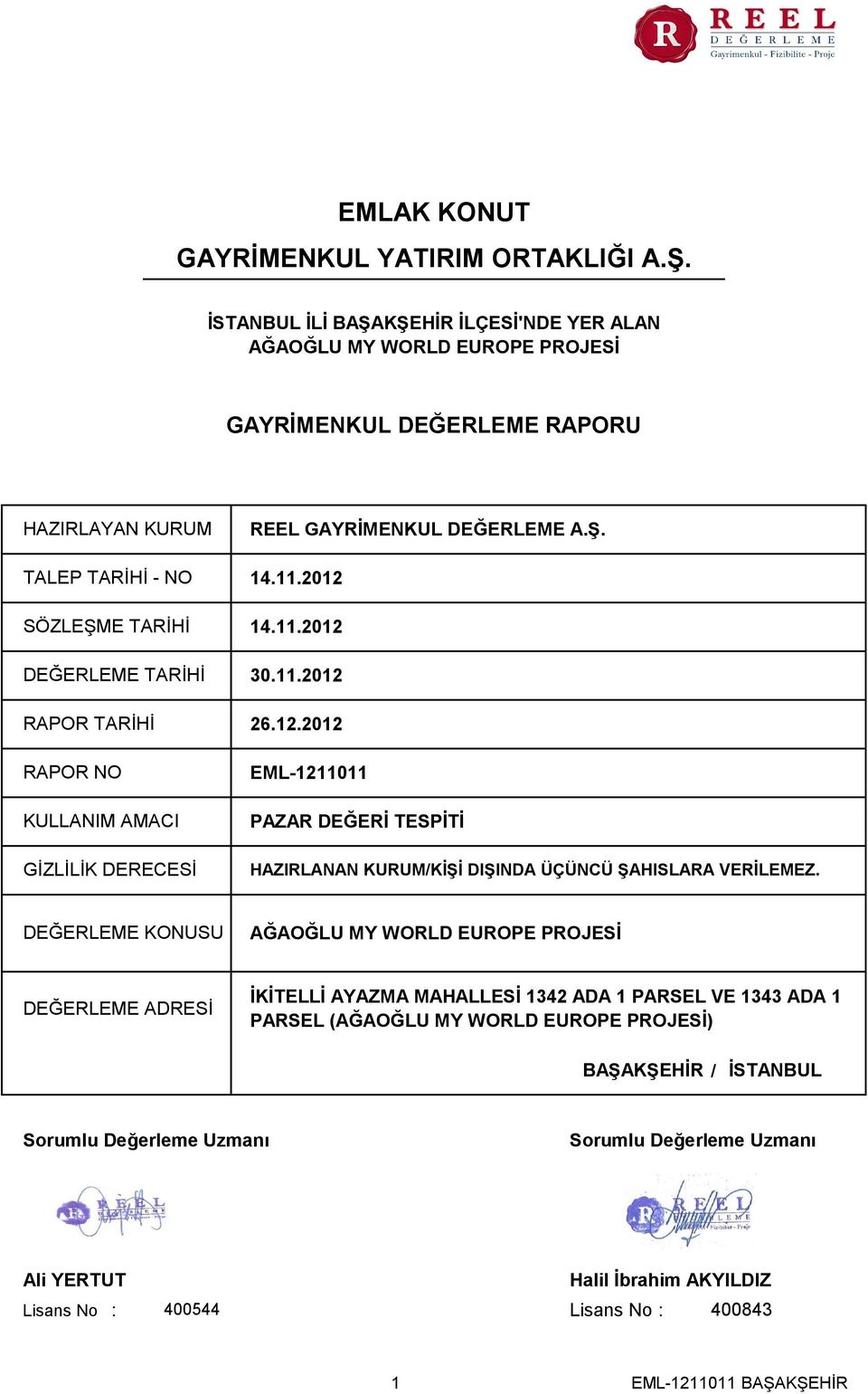 2012 SÖZLEŞME TARİHİ 14.11.2012 DEĞERLEME TARİHİ 30.11.2012 RAPOR TARİHİ RAPOR NO KULLANIM AMACI GİZLİLİK DERECESİ 26.12.2012 EML-1211011 PAZAR DEĞERİ TESPİTİ HAZIRLANAN KURUM/KİŞİ DIŞINDA ÜÇÜNCÜ ŞAHISLARA VERİLEMEZ.