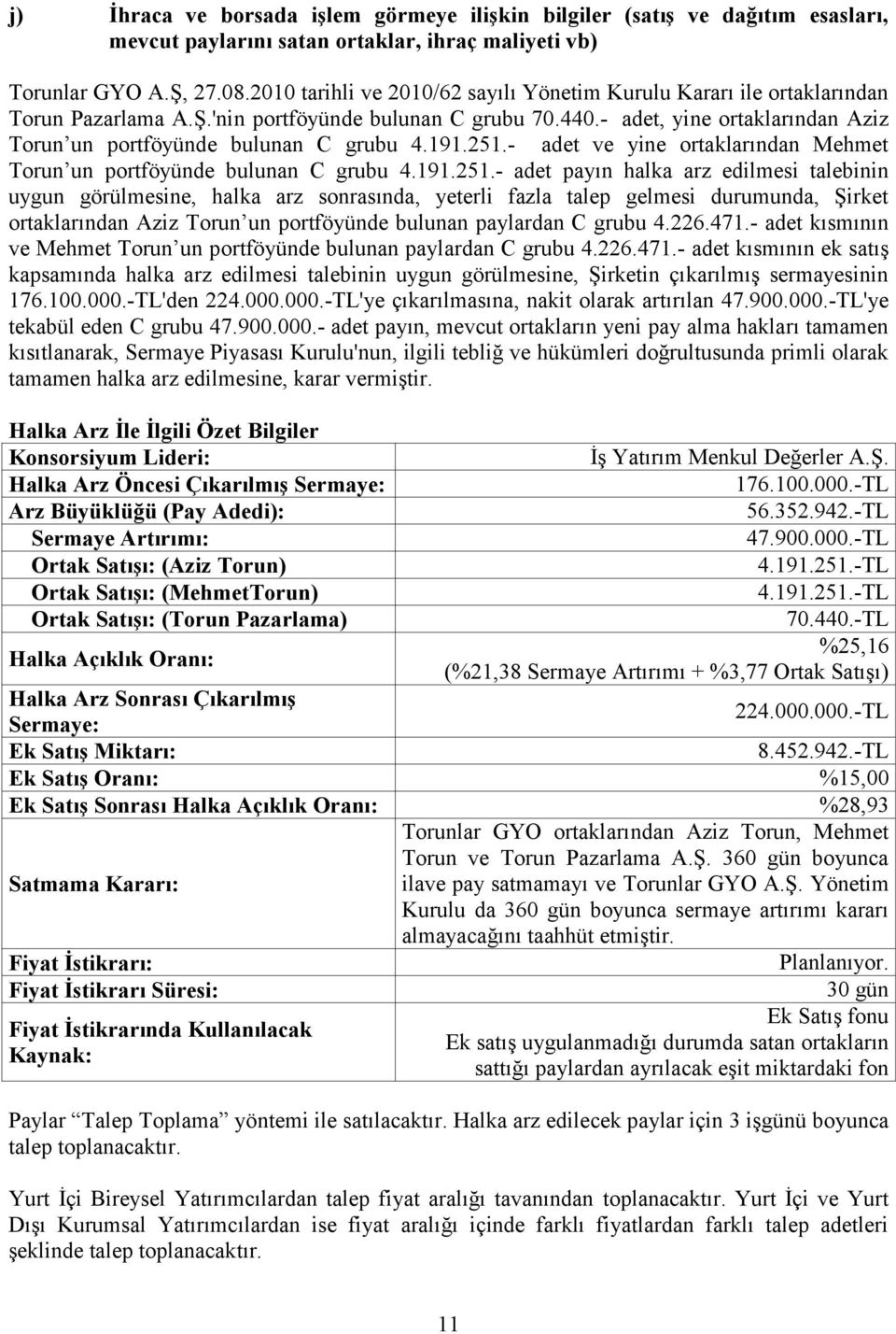 - adet, yine ortaklarından Aziz Torun un portföyünde bulunan C grubu 4.191.251.