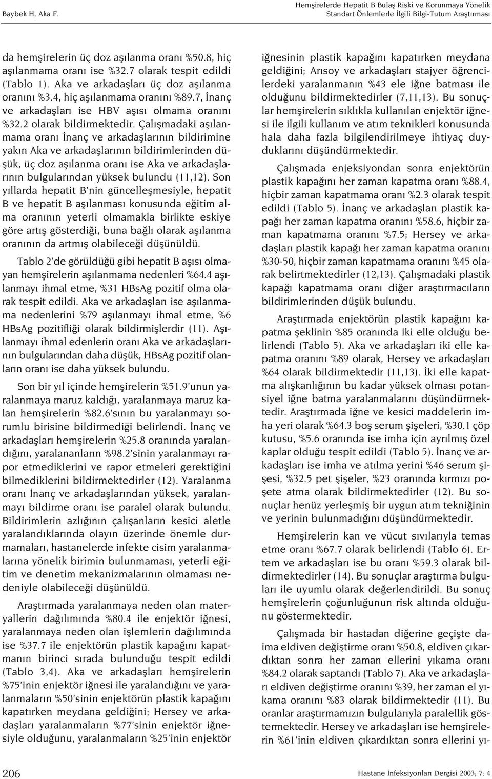 Çal flmadaki afl lanmama oran nanç ve arkadafllar n n bildirimine yak n Aka ve arkadafllar n n bildirimlerinden düflük, üç doz afl lanma oran ise Aka ve arkadafllar n n bulgular ndan yüksek bulundu