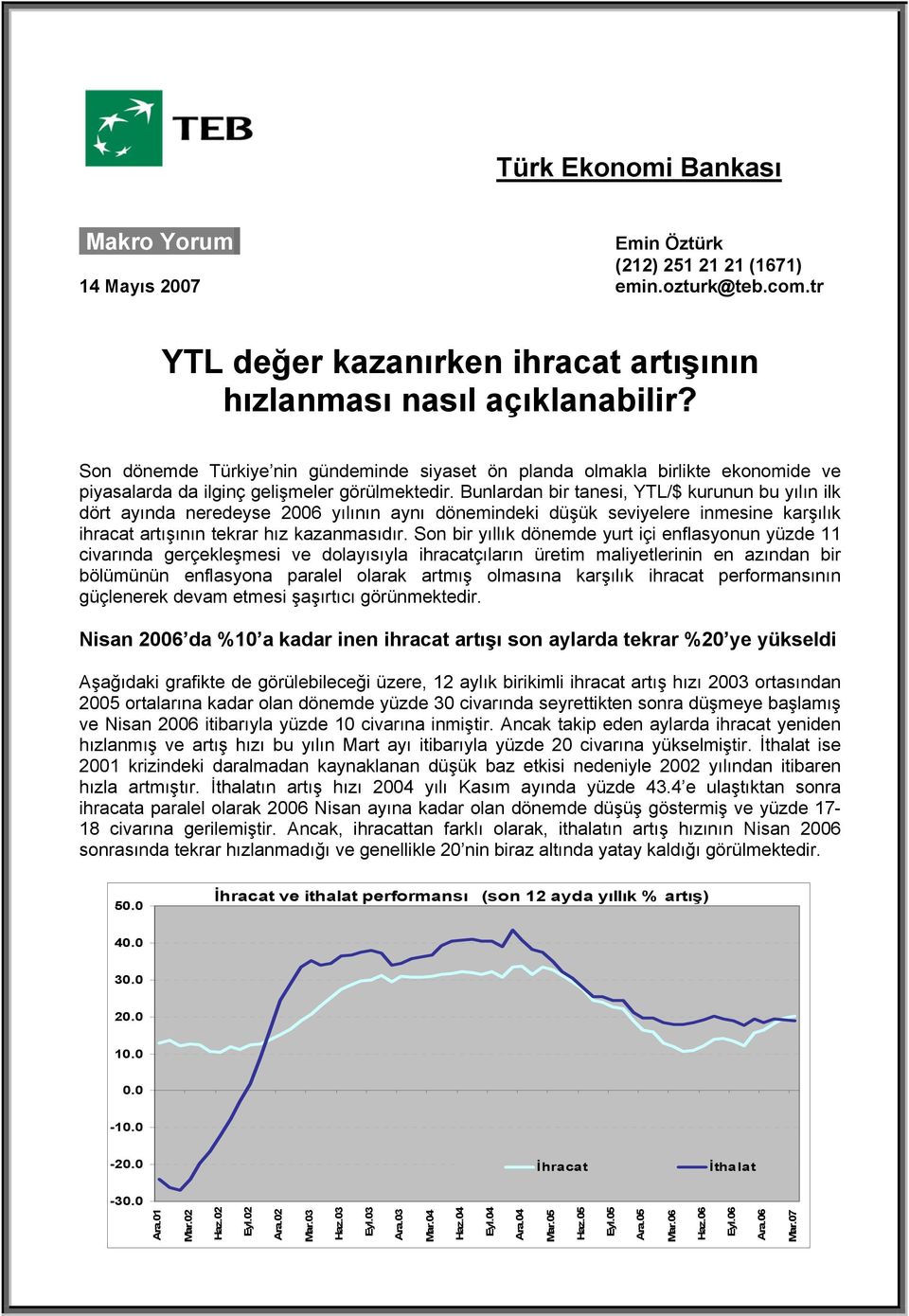 Bunlardan bir tanesi, YTL/$ kurunun bu yılın ilk dört ayında neredeyse 2006 yılının aynı dönemindeki düşük seviyelere inmesine karşılık ihracat artışının tekrar hız kazanmasıdır.