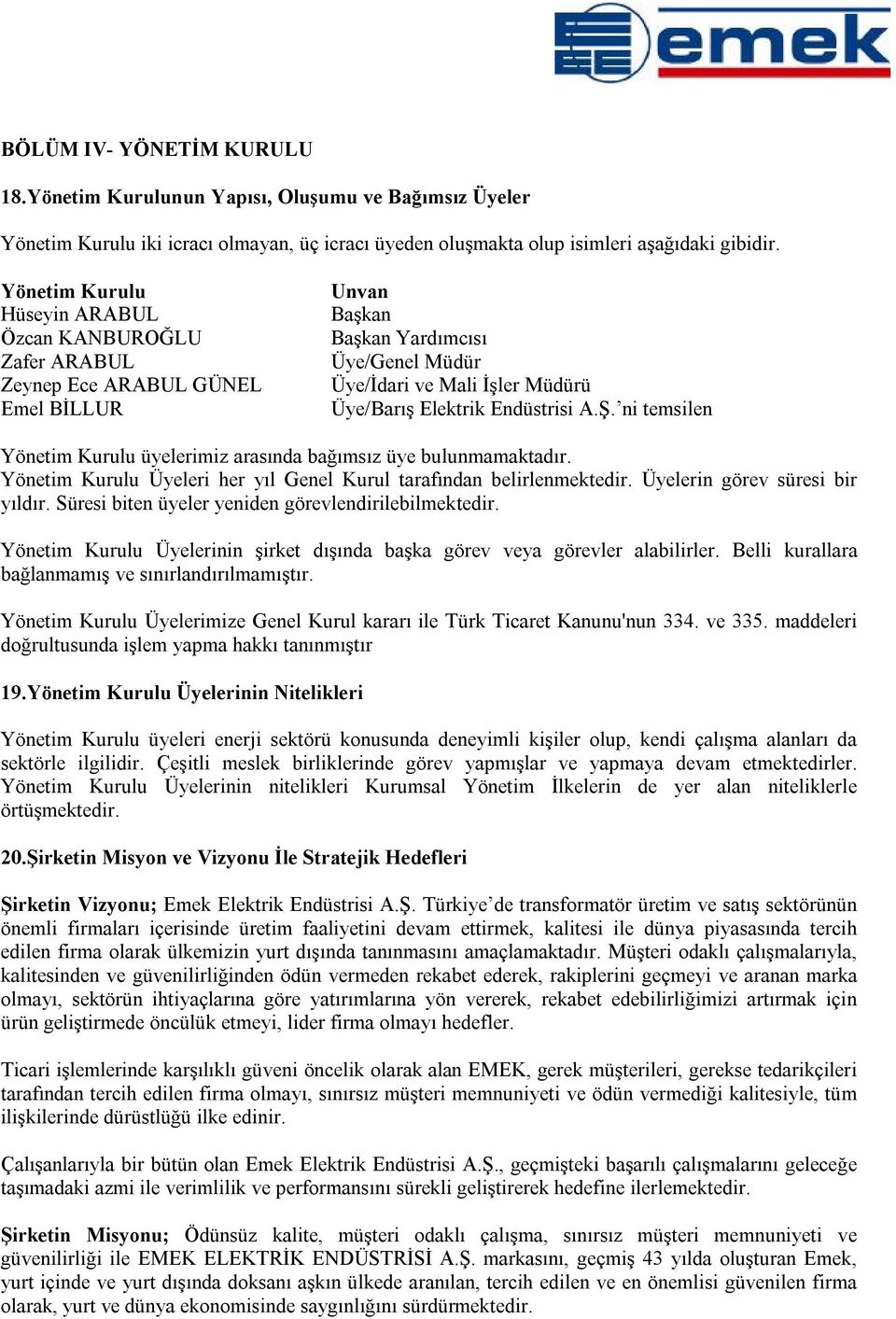 Endüstrisi A.Ş. ni temsilen Yönetim Kurulu üyelerimiz arasında bağımsız üye bulunmamaktadır. Yönetim Kurulu Üyeleri her yıl Genel Kurul tarafından belirlenmektedir. Üyelerin görev süresi bir yıldır.