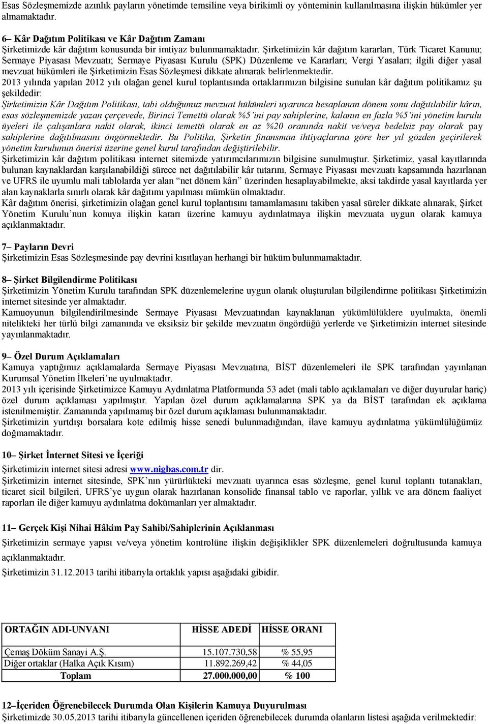 Şirketimizin kâr dağıtım kararları, Türk Ticaret Kanunu; Sermaye Piyasası Mevzuatı; Sermaye Piyasası Kurulu (SPK) Düzenleme ve Kararları; Vergi Yasaları; ilgili diğer yasal mevzuat hükümleri ile