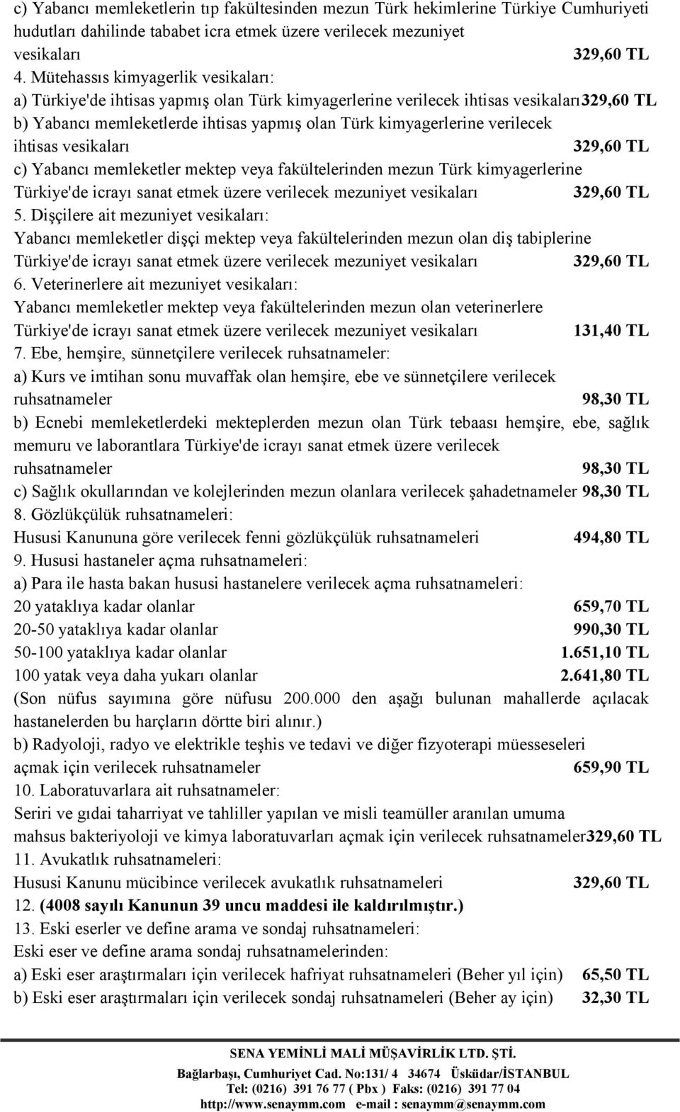 verilecek ihtisas vesikaları 329,60 TL c) Yabancı memleketler mektep veya fakültelerinden mezun Türk kimyagerlerine Türkiye'de icrayı sanat etmek üzere verilecek mezuniyet vesikaları 329,60 TL 5.