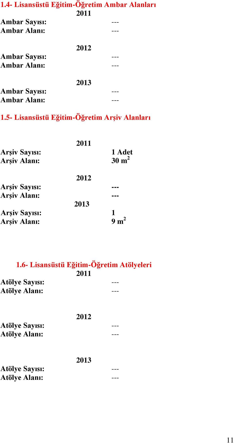 5- Lisansüstü Eğitim-Öğretim ArĢiv Alanları 2011 ArĢiv : 1 Adet ArĢiv Alanı: 30 m 2 2012 ArĢiv : --- ArĢiv Alanı: