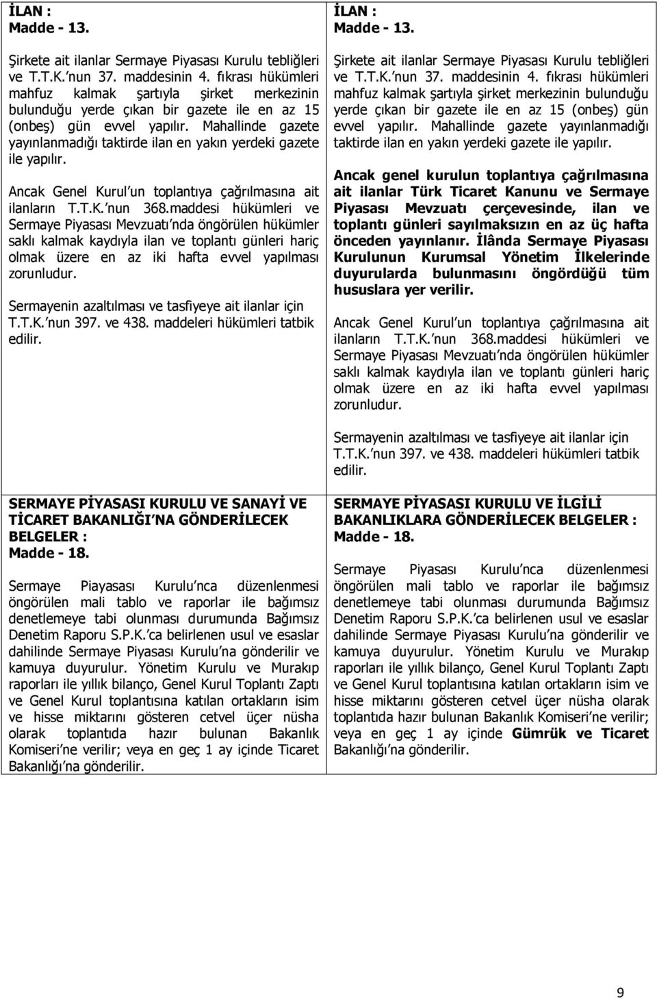 Mahallinde gazete yayınlanmadığı taktirde ilan en yakın yerdeki gazete ile yapılır. Ancak Genel Kurul un toplantıya çağrılmasına ait ilanların T.T.K. nun 368.