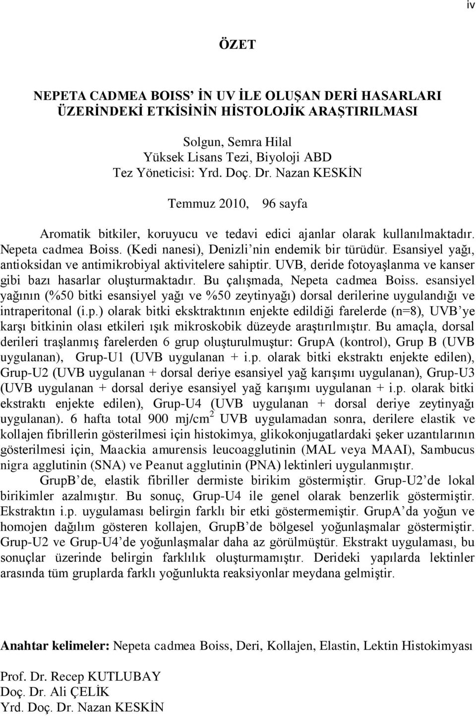 Esansiyel yağı, antioksidan ve antimikrobiyal aktivitelere sahiptir. UVB, deride fotoyaģlanma ve kanser gibi bazı hasarlar oluģturmaktadır. Bu çalıģmada, Nepeta cadmea Boiss.