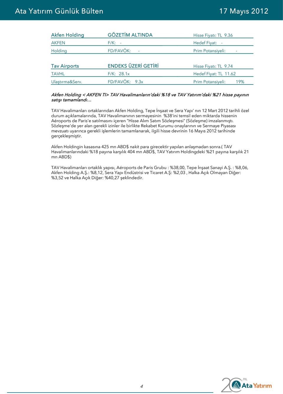 3x Prim Potansiyeli: 19% Akfen Holding < AKFEN TI> TAV Havalimanların daki %18 ve TAV Yatırım daki %21 hisse payının satışı tamamlandı TAV Havalimanları ortaklarından Akfen Holding, Tepe İnşaat ve