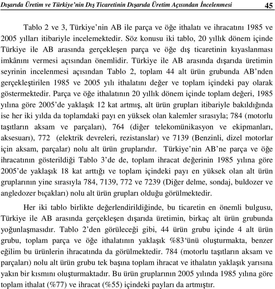 Türkiye ile AB arasında dışarıda üretimin seyrinin incelenmesi açısından Tablo 2, toplam 44 alt ürün grubunda AB nden gerçekleştirilen 1985 ve 2005 yılı ithalatını değer ve toplam içindeki pay olarak