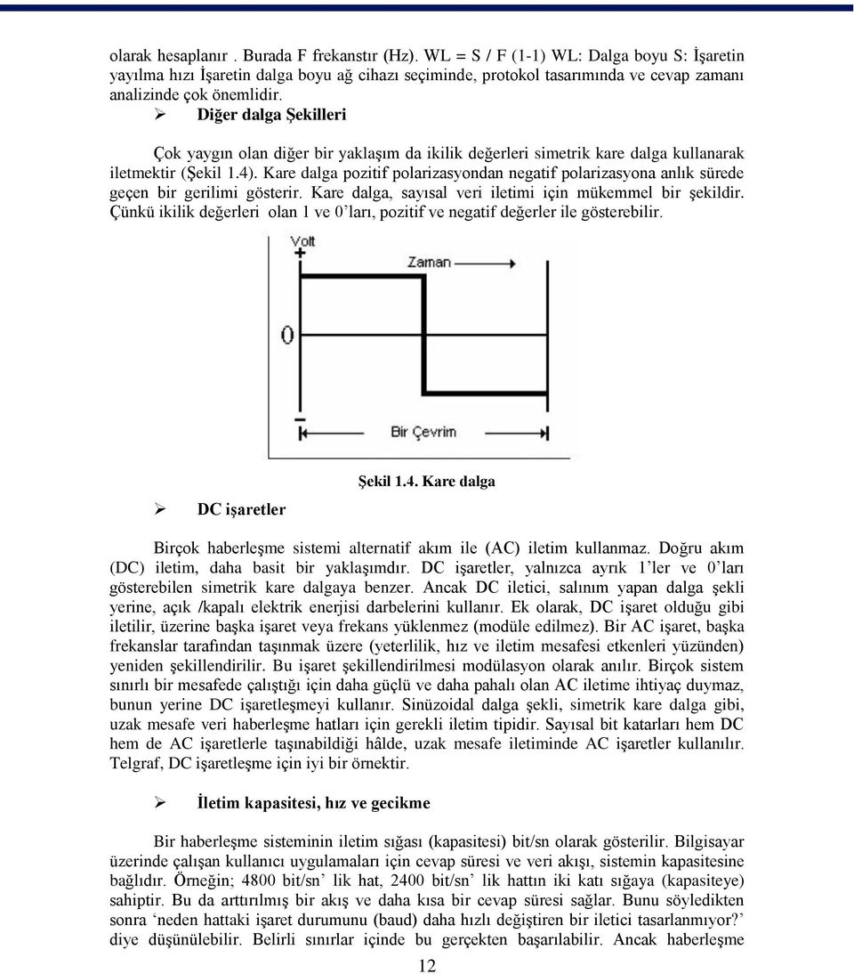 Diğer dalga ġekilleri Çok yaygın olan diğer bir yaklaģım da ikilik değerleri simetrik kare dalga kullanarak iletmektir (ġekil 1.4).