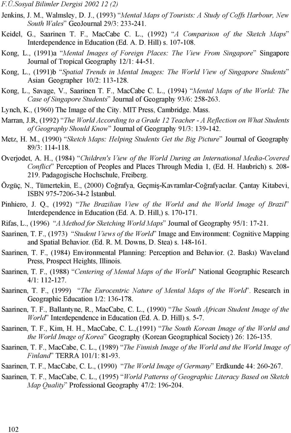 , (1991)a Mental Images of Foreign Places: The View From Singapore Singapore Journal of Tropical Geography 12/1: 44-51. Kong, L.