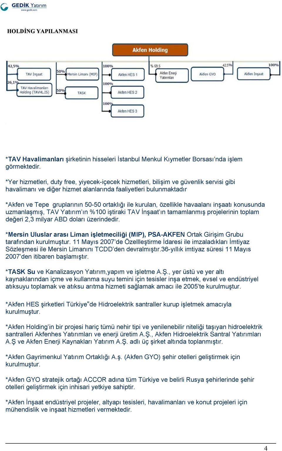 ile kurulan, özellikle havaalanı inşaatı konusunda uzmanlaşmış, TAV Yatırım ın %100 iştiraki TAV İnşaat ın tamamlanmış projelerinin toplam değeri 2,3 milyar ABD doları üzerindedir.