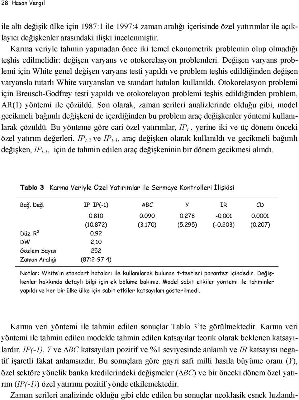 Değişen varyans problemi için White genel değişen varyans testi yapıldı ve problem teşhis edildiğinden değişen varyansla tutarlı White varyansları ve standart hataları kullanıldı.