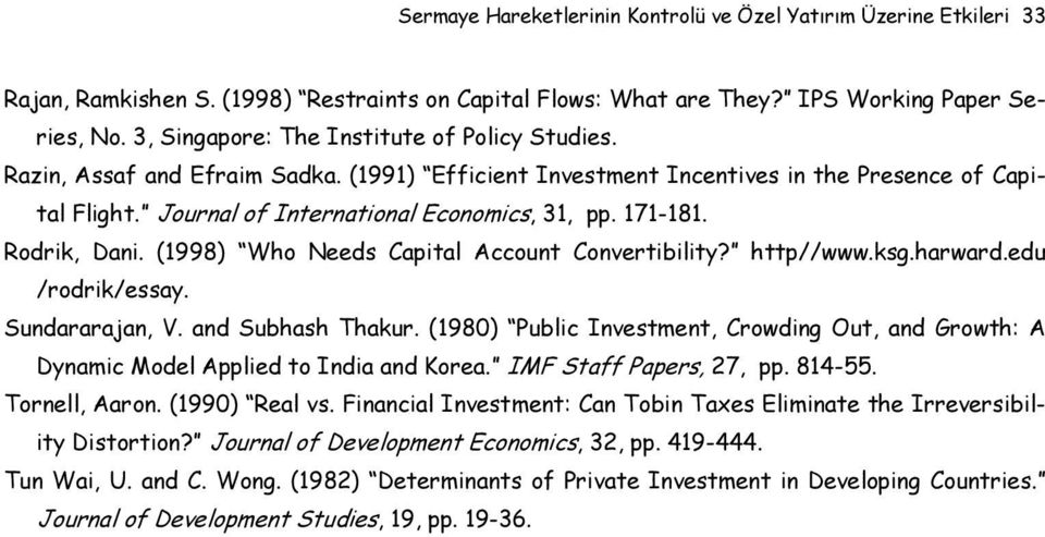 171-181. Rodrik, Dani. (1998) Who Needs Capital Account Convertibility? http//www.ksg.harward.edu /rodrik/essay. Sundararajan, V. and Subhash Thakur.