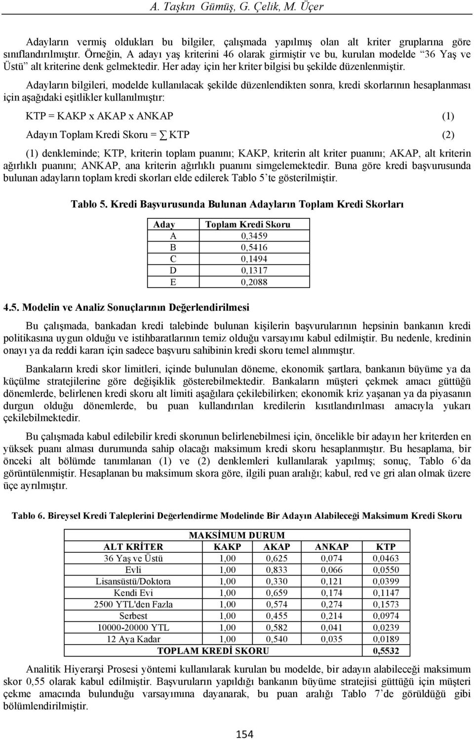 Adaylar n bilgileri, modelde kullan lacak ekilde düzenlendikten sonra, kredi skorlar n n hesaplanmas için a a daki e itlikler kullan lm t r: KTP = KAKP x AKAP x ANKAP (1) Aday n Toplam Kredi Skoru =