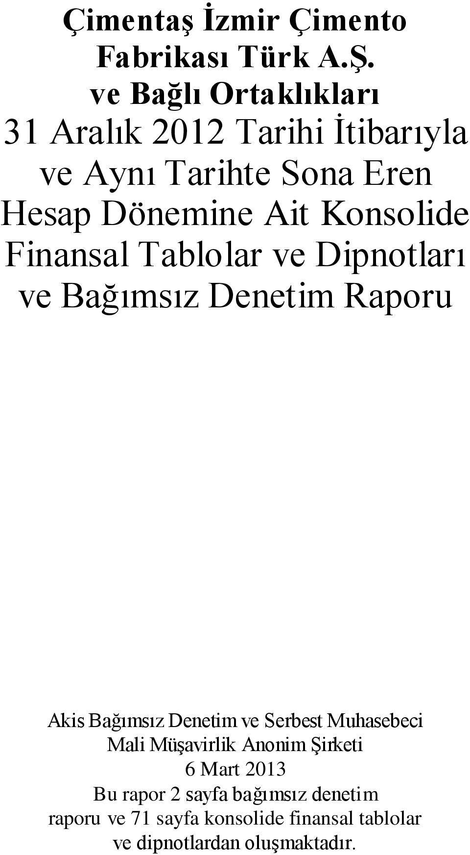 Finansal Tablolar ve Dipnotları ve Bağımsız Denetim Raporu Akis Bağımsız Denetim ve Serbest