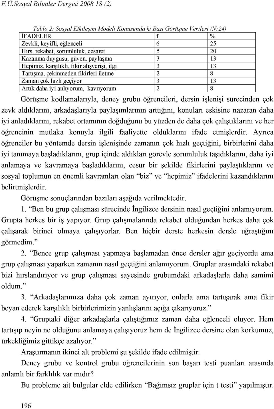 2 8 Görüşme kodlamalarıyla, deney grubu öğrencileri, dersin işlenişi sürecinden çok zevk aldıklarını, arkadaşlarıyla paylaşımlarının arttığını, konuları eskisine nazaran daha iyi anladıklarını,