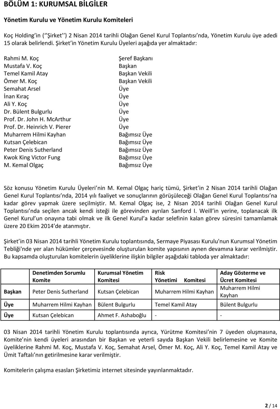 Koç Başkan Vekili Semahat Arsel Üye İnan Kıraç Üye Ali Y. Koç Üye Dr. Bülent Bulgurlu Üye Prof. Dr. John H. McArthur Üye Prof. Dr. Heinrich V.
