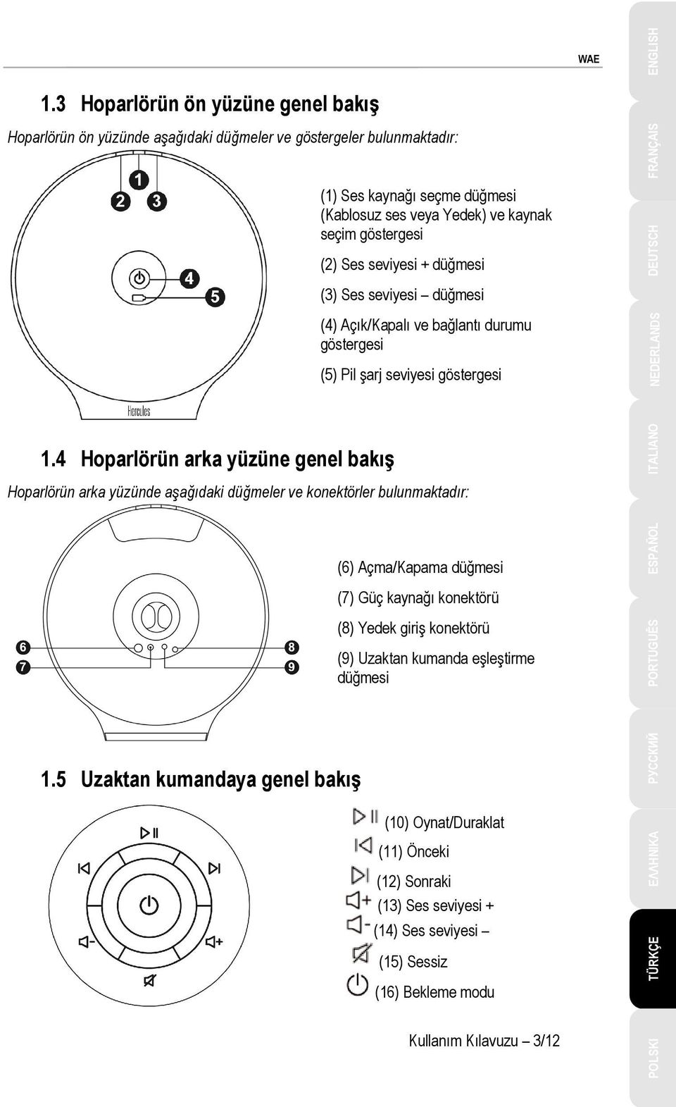 durumu göstergesi (5) Pil şarj seviyesi göstergesi Hoparlörün arka yüzünde aşağıdaki düğmeler ve konektörler bulunmaktadır: 1.