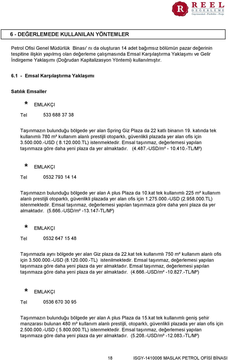 1 - Emsal Karşılaştırma Yaklaşımı Satılık Emsaller Tel EMLAKÇI 533 688 37 38 Taşınmazın bulunduğu bölgede yer alan Spring Giz Plaza da 22 katlı binanın 19.